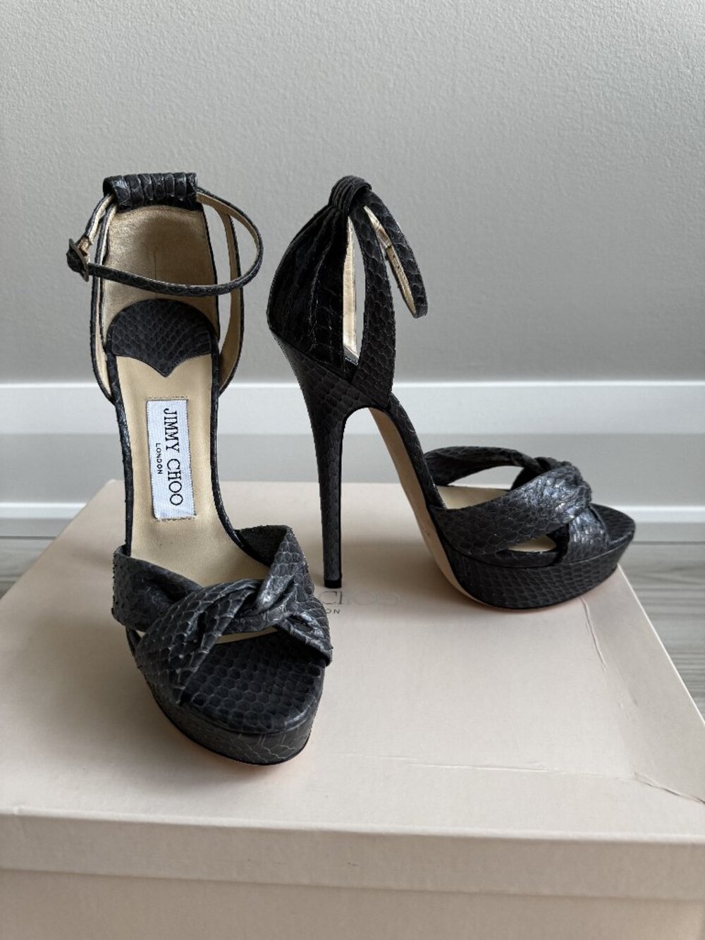 NEW Jimmy Choo Greta 150 Grey Python Ankle Strap Platform Sandals 38